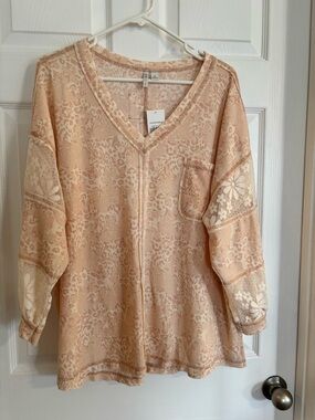 Cato Peach Oversized V-Neck Lace Sleeve Tunic Top